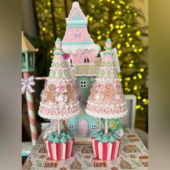 2 New Pastel Sugared Gingerbread Man Candy Cupcake Decor Trees 13” Tall - Picture 1 of 2